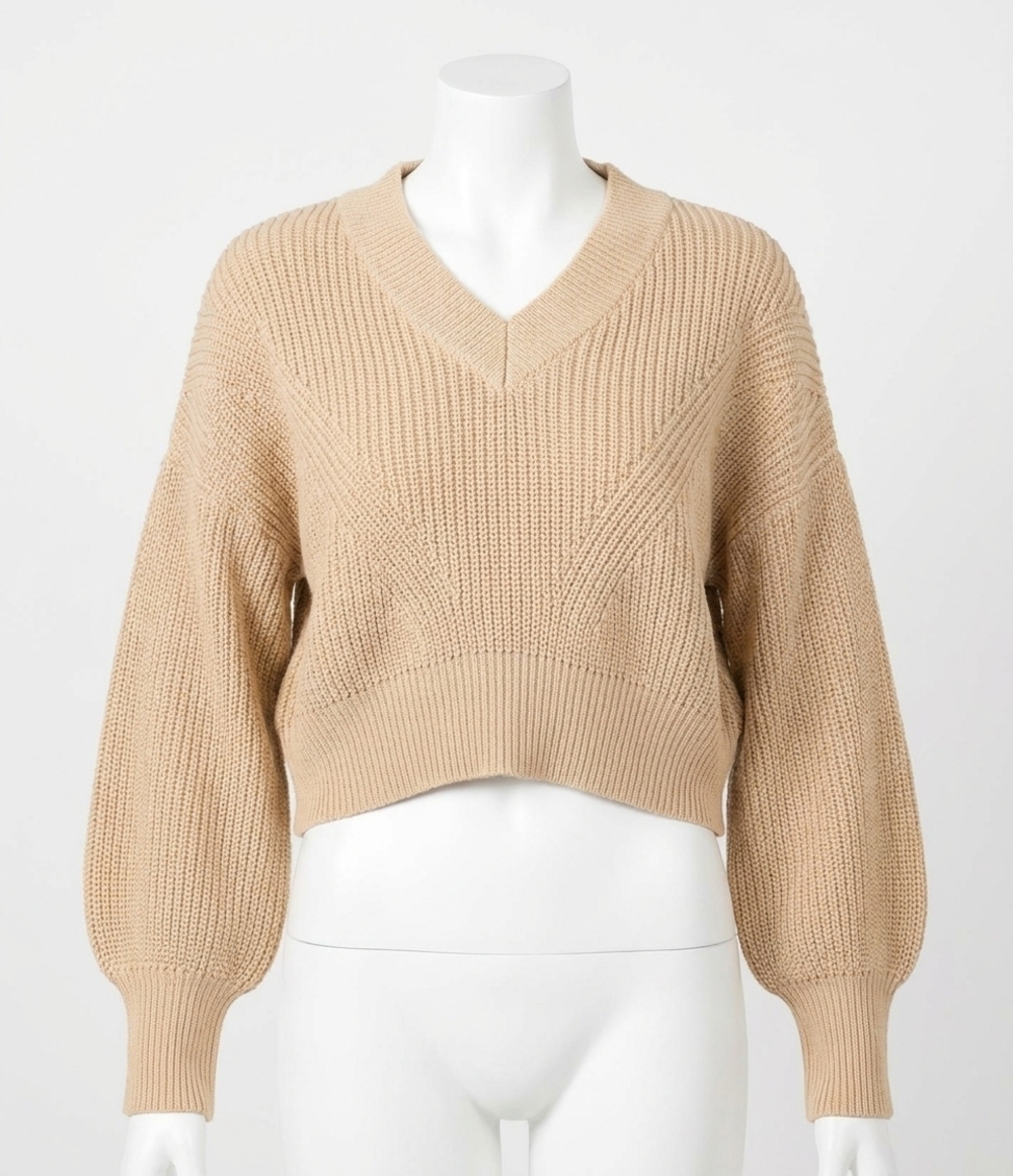 NEW &MERCI cropped ribbed-knit sweater in warm taupe